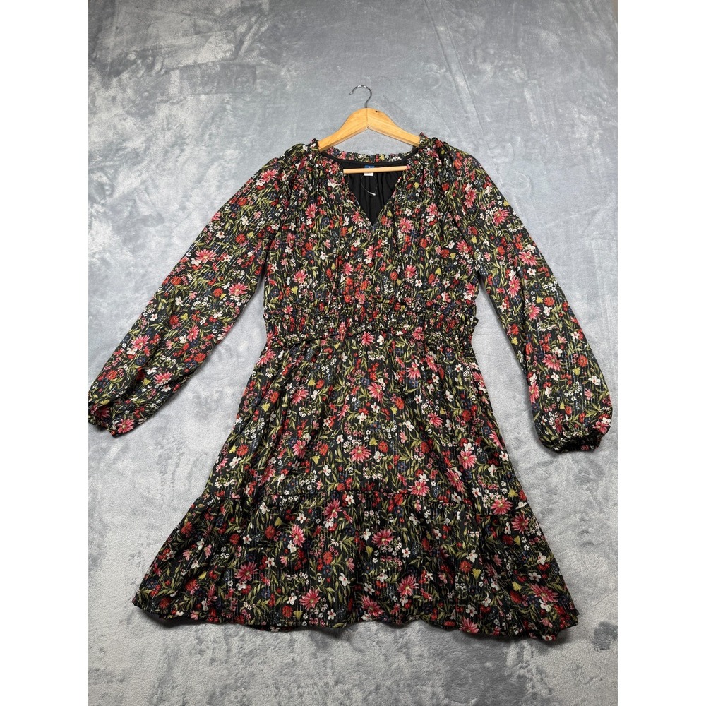 Old Navy Ruffled Mini Dress Womens L Multi Floral Smocked Waist Metallic Shimmer